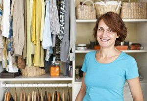 Smiling woman near closet