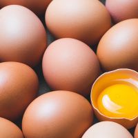 Chicken eggs and egg yolk,top view.